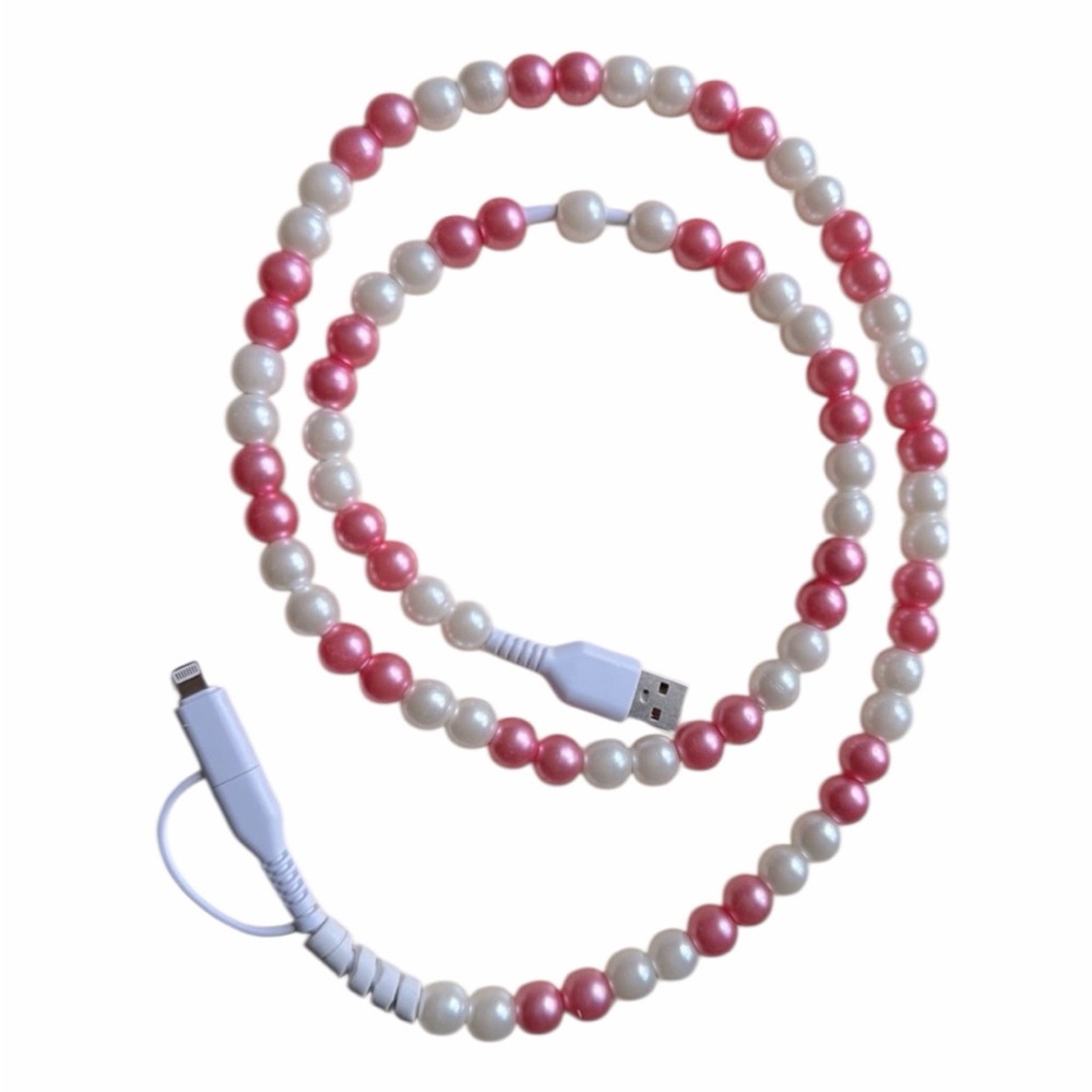 Pearl Beaded USB Charging Cable - Pink and White - New - 3 Ft.